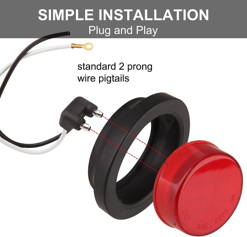 Partswcgg 2.5" Round Led Marker Lights Red, 10Pcs 2.5" Inch Round Led Side Clearance Marker Lights 13 LED Sealed Flush Mount w/Rubber Grommets and 2 Prong Trailer Wire Pigtails Waterproof 12V for Truck Trailer - Image 5